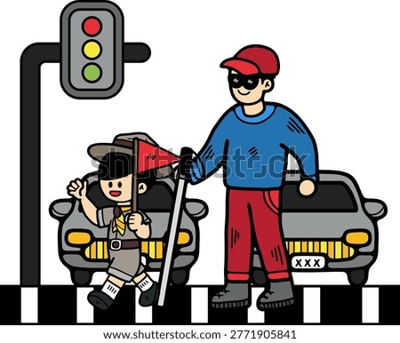 A scout is helping a blind man cross the road
