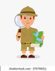 Scout Holding A Magnifier And A Map On A White Background. Concept Design Isolated Character Explorer Boy