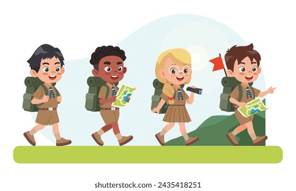 Conjunto de personajes de honor de los exploradores. Niños lindos felices estudiando mapas de rutas, conjunto de vacaciones de campamento de verano.