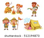 Scout honor hand gesture. Camping. Boy playing guitar around the campfire. Kid studying a tour route map. Girl lying in camping tent. Roasting marshmallows on campfire. Funny cartoon character. Set