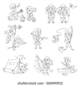 Scout honor hand gesture. Camping, fishing, kayaking, rock climbing, study route map, study of wildlife, roasting marshmallows on campfire, with guitar. Coloring book. Funny cartoon character. Set