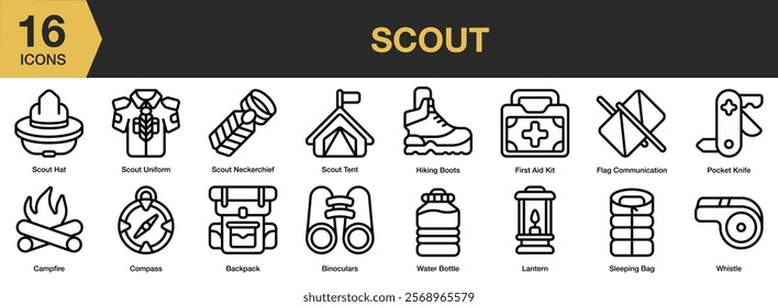 Scout icon set. Includes scout, scouting, adventure, hiking, camp, school, and More. Outline icons vector collection.