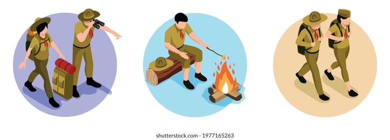 Scout isometric design concept set of three isolated compositions with teens hiking with touristic gear and cooking food on bonfire vector illustration