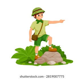 Scout kid or boy explorer pathfinder cartoon character finding path in jungle forest. Young scout child or boy adventurer in green outfit pointing finger to the way direction on scouting adventure