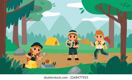 Scout kids, action and adventure on nature. Vector of camping children, recreation and adventure, child activity summer illustration