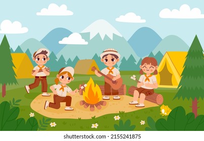 Scannen Sie Kinder mit Feuer. Cartoon Jungs und Mädchen im Sommerlager mit Zelt, Action und Abenteuer auf der Natur. Vektorgrafik Sommerfeuer, Reisetourismus-Abenteuer