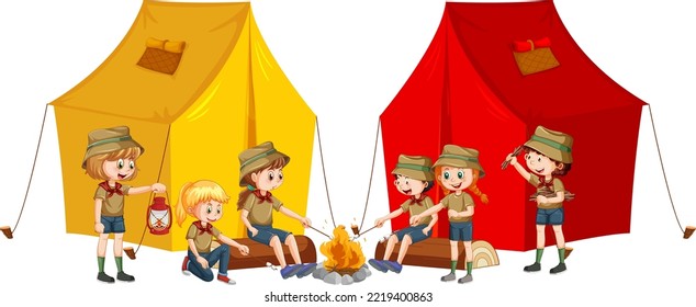 Scout kids with camping tent illustration