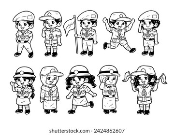 Conjunto de ilustraciones de boceto vectorial de elemento de carácter de niños exploradores
