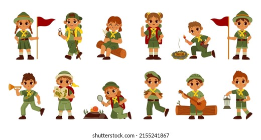 Schimpf Kinder aus. Cute Cartoon Jungen und Mädchen in Pfadfinderuniform für Sommerlager überleben in freier Wildbahn und bauen ein Lager. Vektorgrafik unterteilt Zeichen. Illustration von Abenteuern, fröhlicher Boyscout-Uniform