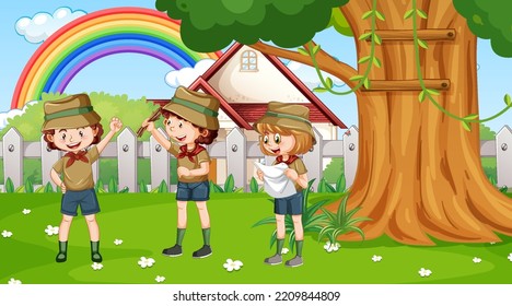 Scout kids hiking in the forest illustration