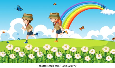 Scout kids hiking in the forest illustration