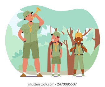 Scout Leader Is Blowing A Bugle, Standing Alongside Two Young Scouts In A Lush Forest. Children, Dressed In Scout Uniforms, Seem Eager And Ready For A Fun Day Of Outdoor Activities And Learning