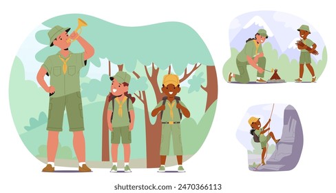 Scout Leader With Kids Participating In Various Outdoor Activities. Children Learning To Make A Fire, Hiking And Rock Climbing. Concept Of Teamwork, Leadership And Survival Skills In A Natural Setting