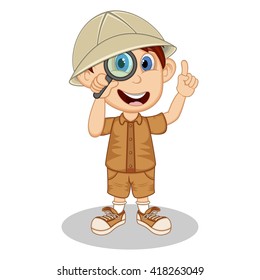 Scout with magnifier cartoon vector illustration