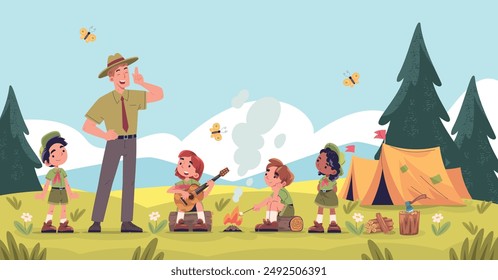 Scout mentor. Scouts kids team and mentors summer hiking adventure, tourists teachers learn make campfire outdoor cooking survival in forest trip cartoon classy vector illustration authors graphics