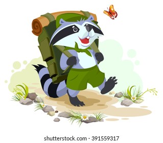 Scout raccoon with backpack goes camping