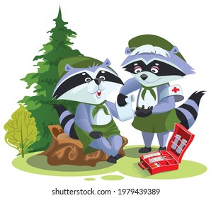 Scout raccoon bandaging first aid on hike. Boy Scout Medic. Vector cartoon illustration