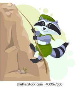 Scout raccoon climbs rock. Cartoon illustration in vector format