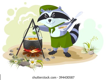Scout raccoon cooking soup over campfire