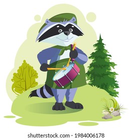 Scout raccoon drummer beats drum. Boy scout summer camp. Vector cartoon illustration