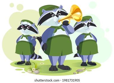 Scout Raccoon Horner Do Bugle Call. Bugle Ceremony In Tourist Camp. Vector Cartoon Illustration