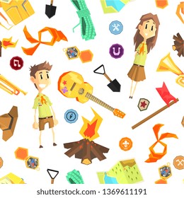 Scout Seamless Pattern with Camping Hiking Equipment and Children in Scout Uniform, Design Element Can Be Used for Fabric, Wallpaper, Packaging Vector Illustration