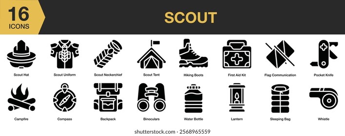 Scout solid icon set. Includes scout, scouting, adventure, hiking, camp, school, and More. Solid icons vector collection.