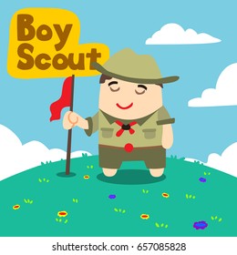 a scout standing on the grass. vector cartoon illustration