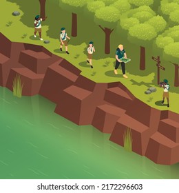 Scout summer camp isometric background with children walking in forest along river with male instructor 3d vector illustration