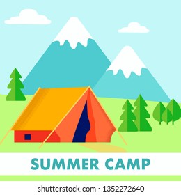 Scout Summer Camp, Resort Flat Vector Illustration. Summertime, Wild Nature Recreation. Active Healthy Lifestyle. Camping, Open air Rest, Holiday Trip. Trekking, Camping Web Banner with Lettering