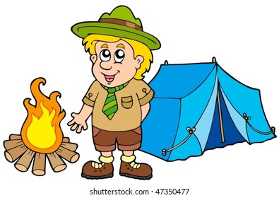 Scout with tent and fire - vector illustration.