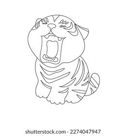 Scout. Tiger. Open mouth. White teeth. Red tongue. Cute. Black pattern. Tiger on white background. sleepy. line drawing