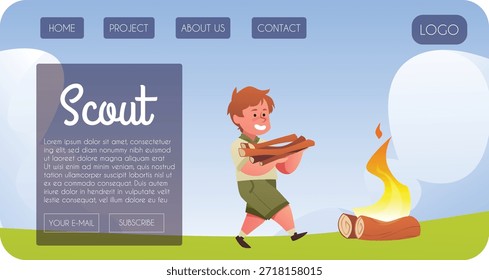 Un Sitio web de exploración con un boy scout llevando leña a una fogata. Camping, aventura, campamento. Interfaz de usuario. Anuncio publicitario. Estilo de dibujos animados a rayas. Ilustración vectorial.