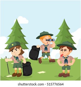 scout working together to clean forest