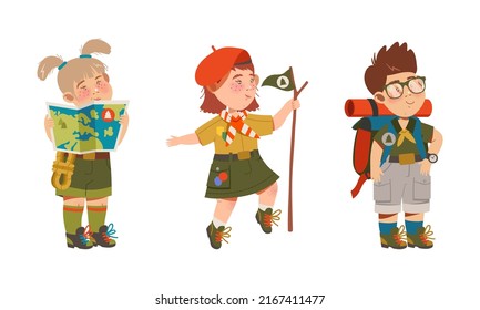 Scouting boy and girls having summer outdoor adventures cartoon vector illustration