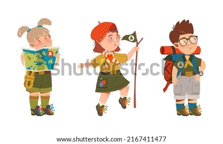Scouting boy and girls having summer outdoor adventures cartoon vector illustration