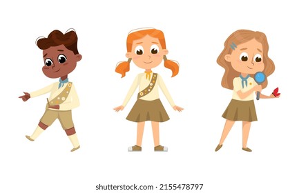 Scouting Boy And Girls Set. Cute Little Scouts In Uniform Cartoon Vector Illustration