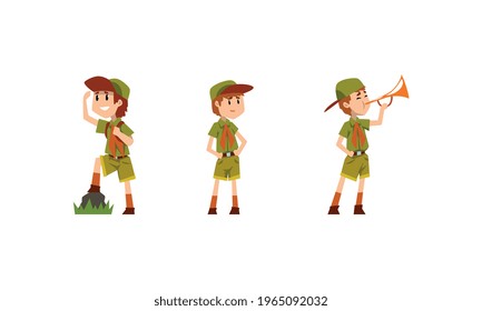 Scouting Boys Activity Set, Boy Scouts Wearing Khaki Uniform Looking into Distance, Pleying Trumpet Vector Illustration