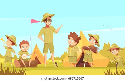 Scouting boys mentor guides outdoor adventures and survival activities in camping retro cartoon poster vector illustration