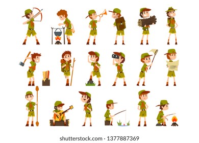 Scouting boys set, boy scouts with hiking equipment, summer camp activities vector Illustrations on a white background