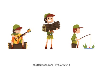Scouting Boys Set, Boy Scouts Wearing Khaki Uniform Playing Guitar, Fishing Vector Illustration