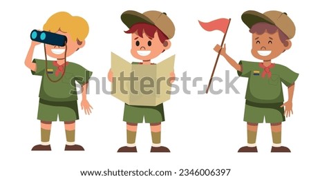Scouting Boys Set, Boy Scouts Wearing Khaki Uniform Looking Binoculars, Examining Map Vector Illustration.