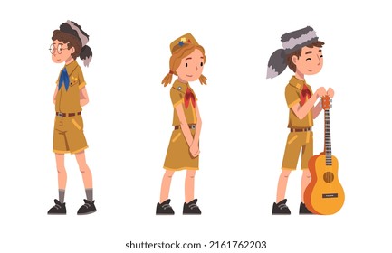 Scouting children set. Cute boy and girls in explorer outfit and coonskin cap cartoon vector illustration