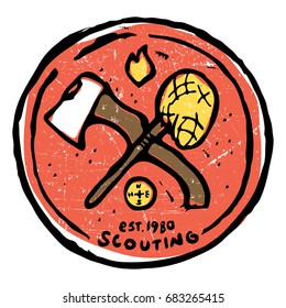 Scouting club round emblem with crossed ax and nettle. Compass and flame symbols around. Colored illustration