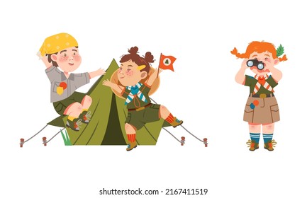 Scouting kids set. Boy and girl wearing uniform and neckerchiefs camping and looking through binoculars cartoon vector illustration