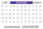 Scouting outline icons showing the equipment and activities for hiking, camping and outdoor education including fire, cooking, backpack, tent, canoe, compass, canteen, archery and lantern.

