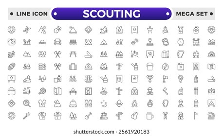 Scouting outline icons showing the equipment and activities for hiking, camping and outdoor education including fire, cooking, backpack, tent, canoe, compass, canteen, archery and lantern.
