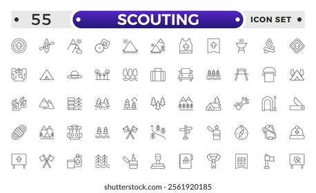 Scouting outline icons showing the equipment and activities for hiking, camping and outdoor education including fire, cooking, backpack, tent, canoe, compass, canteen, archery and lantern.
