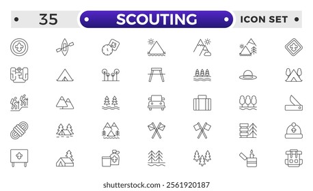 Scouting outline icons showing the equipment and activities for hiking, camping and outdoor education including fire, cooking, backpack, tent, canoe, compass, canteen, archery and lantern.
