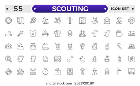 Scouting outline icons showing the equipment and activities for hiking, camping and outdoor education including fire, cooking, backpack, tent, canoe, compass, canteen, archery and lantern.
